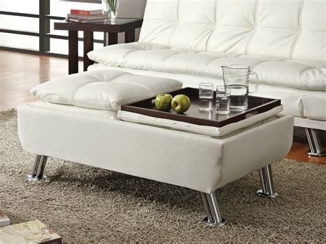 300293 White leather like vinyl storage ottoman with flip top trays and chrome finish legs | AMB ...