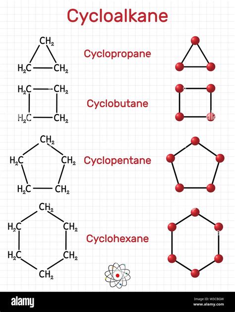 Chemical formula and molecule model cyclopropane C3H6, cyclobutane C4H8 ...