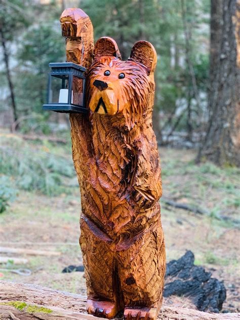 3ft Cedar Carved Bear Chainsaw Carving With Solar Lantern | Etsy Canada