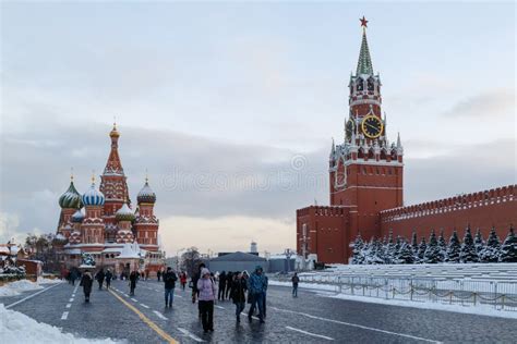 Tourists are Walking on the Red Square on a Cold Winter Evening ...