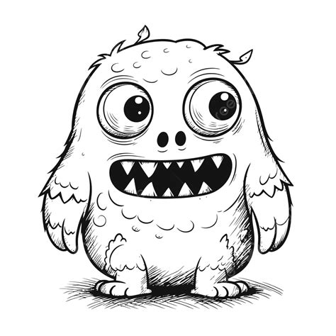 Cute Monster Drawn In Black And White With Eyes And Mouth Outline Sketch Drawing Vector, Monster ...