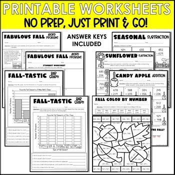 Fall Math Worksheets and Activities Addition Subtraction and Color By ...