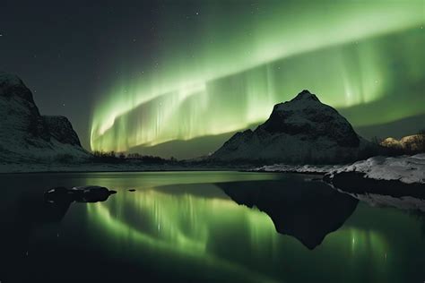 Aurora borealis on the Norway. Green northern lights above mountains ...