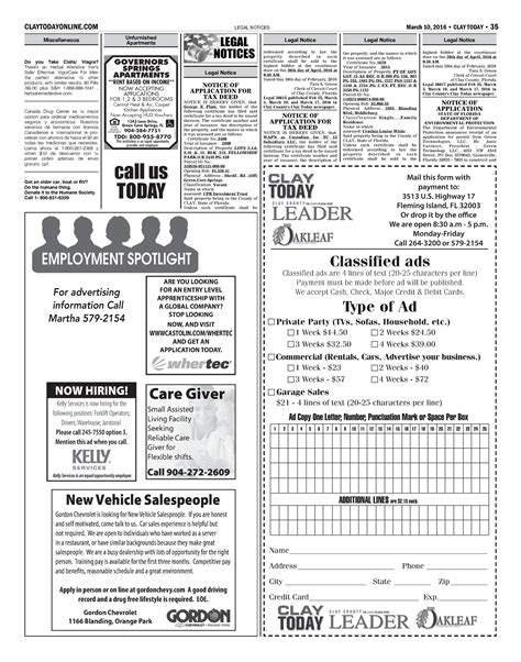 Classifieds 3/10/16 | Clay Today