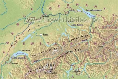 Regions: Bernese Alps, Glarus Alps, Lepontine Alps, Pennine Alsp, Jura Mountains Rivers: Rhine ...