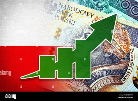 Economy graph: rising arrow, Polish Złoty cash banknotes and Poland flag (money, economy ...
