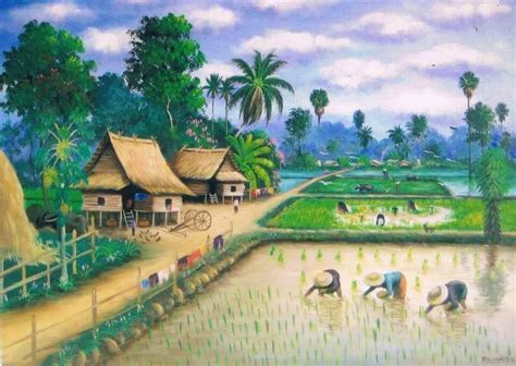 Pemandangan © 2017 Istimewa | Village scene drawing, Landscape drawings, Farmer painting