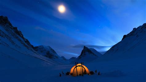 Download Night Moon Mountain Tent Snow Winter Photography Camping HD Wallpaper