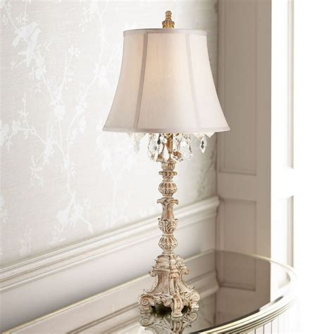 Barnes and Ivy Cottage Table Lamp Crystal Antique White Candlestick Beige Bell Shade for Living ...