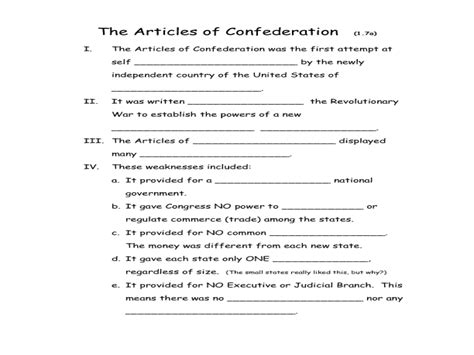 Articles Of Confederation Worksheets