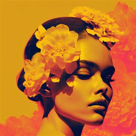 Premium AI Image | A woman with flowers in her hair is wearing a yellow and orange background.
