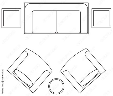 2D graphic drawing of the top view layout of the sofa set and its side furniture such as coffee ...