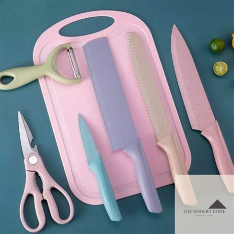 Evcriverh 7pc Corrugated multicolored kitchen knife set with chopping board