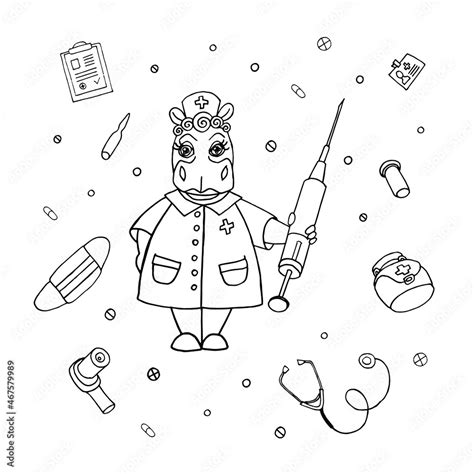 Coloring book for kids Doctor hippo with a syringe. Coloring Page Outline Of cartoon doctor with ...