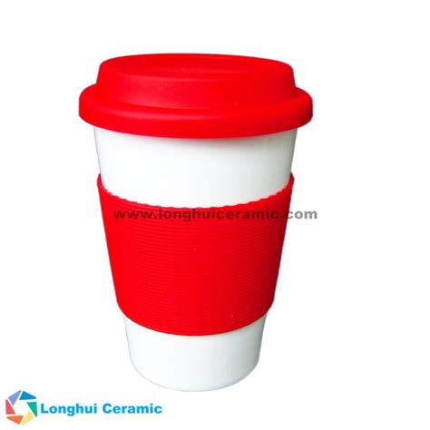 380ml ceramic custom coffee mug with silicone lid and silicone band grip made by China supplier ...