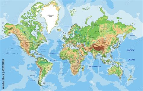 Highly detailed physical World map with labeling. Stock Illustration ...