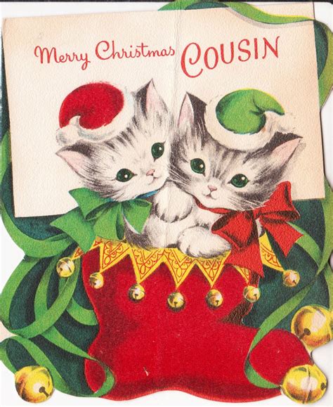 1954 Merry Christmas Cousin Kittens In Stocking Christmas