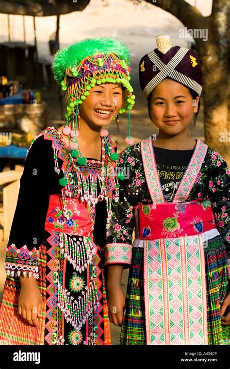 Hmong Girls in Traditional Clothing Ban Khua 1 near Luang Prabang Laos Stock Photo - Alamy