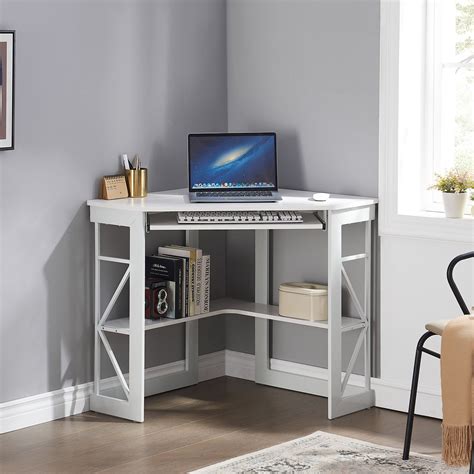 VECELO Corner Computer Desk with Keyboard Tray and Storage Shelf ...