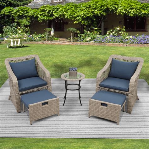 Outdoor Patio Furniture Sets, 5 Piece Wicker Patio Bar Set, 2pcs Arm Chairs, 2 Footstool&Coffee ...