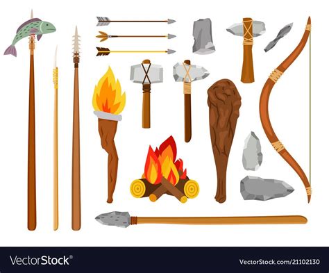 Cartoon stone age tools. Primitive caveman elements isolated on white ...