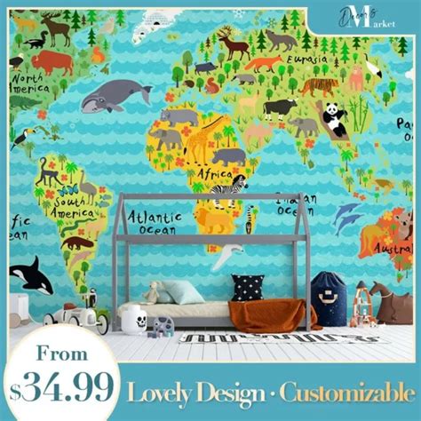 ANIMAL WORLD MAP Kids Kids Map 3D Wall Mural Removable Designer ...