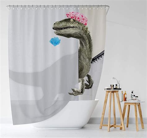 White Funny Dinosaur Raptor Shower Curtain for Bathroom Fabric Cloth Waterproof Shower Curtains ...