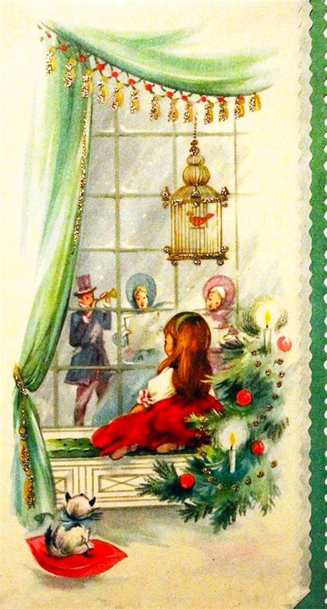 1950's Little Girl Looking Out Window at Carolers w/ Kitty Vintage Christma Card | Christmas ...