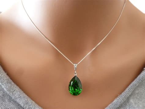 Green Necklace Swarovski Crystal Necklace Teardrop Pendant