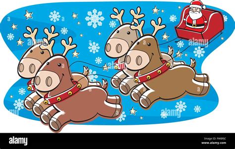 A group of cartoon reindeer pulling Santa's sleigh Stock Vector Image ...