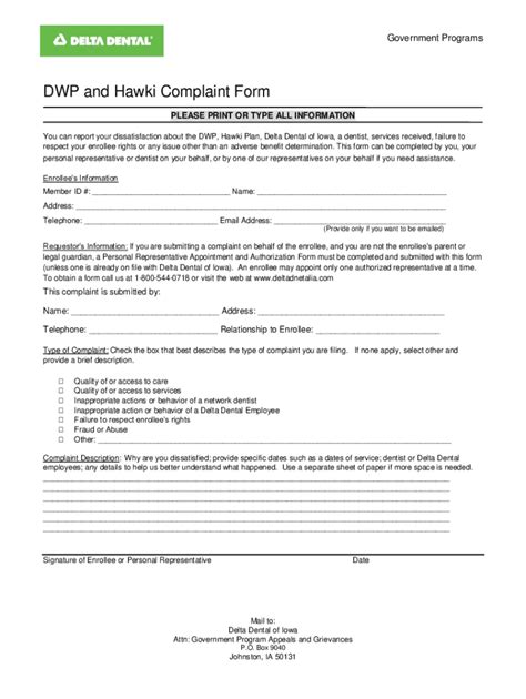 Fillable Online DWP and Hawki Complaint Form Fax Email Print - pdfFiller