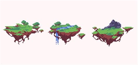 Premium Vector | Floating island pixel art set. surreal flying ground collection. 8 bit sprite.