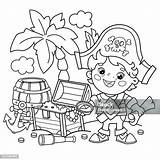 Coloring Page Outline Of Cartoon Pirate With Chest Treasure Island  sketch template