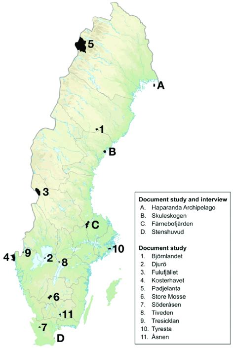 Map over Sweden and location of, in the study, included national parks ...