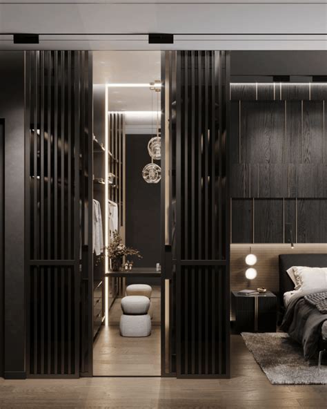 a modern bedroom with black and white decor