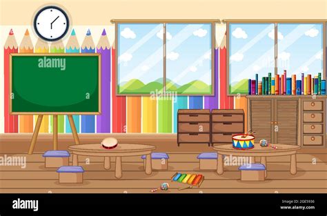 Empty kindergarten room with classroom objects and interior decoration ...