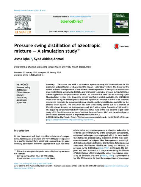 (PDF) Pressure Swing Distillation of Azeotropic mixture - A Simulation ...