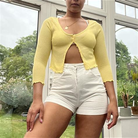 Yellow knitted cropped cardigan// 3/4 length sleeve... - Depop