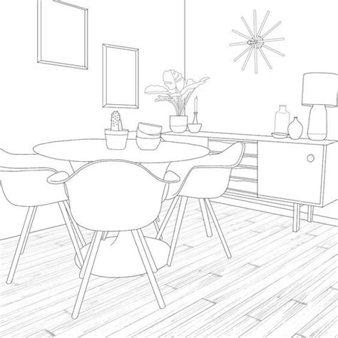 a black and white drawing of a dining room table with chairs, vases and pictures on the wall
