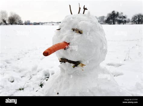 Funny snowman with carrot nose and three hairs on his head, Duesseldorf ...