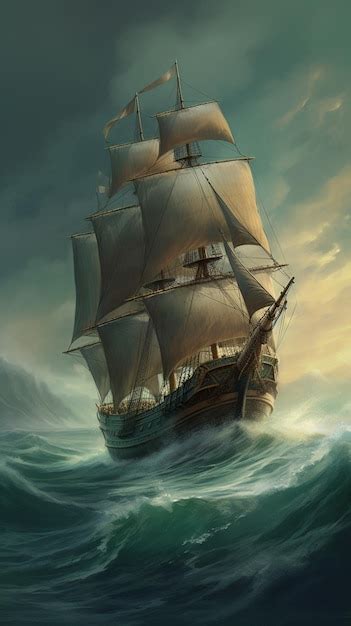 Premium AI Image | A painting of a pirate ship during a storm