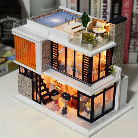 Handmade 3D DIY House Model Kit Miniature LED Light Wooden Dolls House Model Florence Town ...