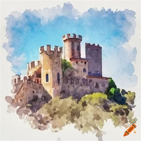 Watercolor painting of a medieval castle in the mediterranean on Craiyon