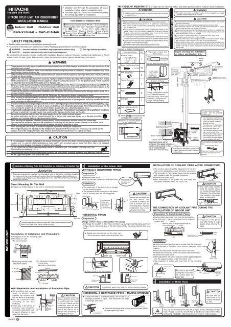 hitachi split-unit air conditioner installation manual safety precaution ...