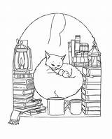 Cat In A Cozy Book Nook Coloring Page  Free Printable sketch template