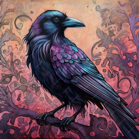 Premium Photo | A painting of a raven with a purple and blue feathers.