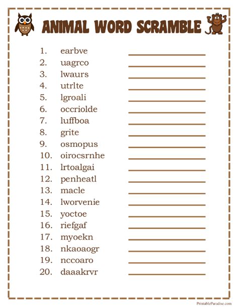 Printable Animals Word Scramble Game