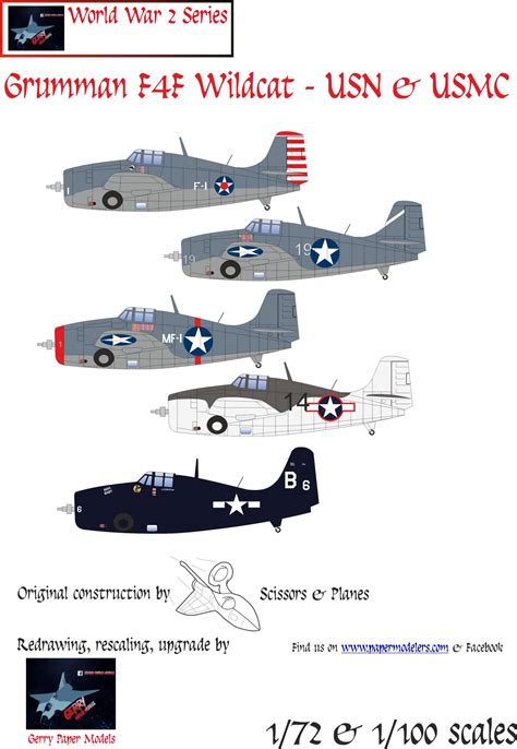 1/72 and 1/100 Grumman F4F Wildcat US Navy (5) Kit Bundle Paper Model - EcardModels