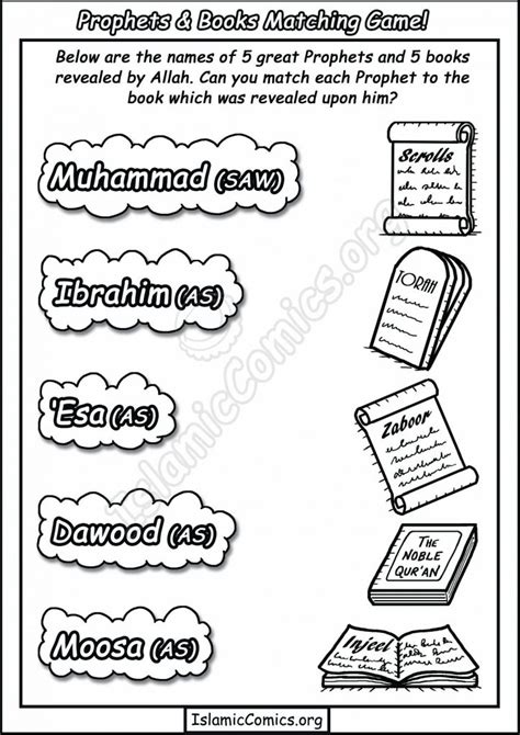 Prophets and Books Matching Game – Islamic Activity Page – Islamic Comics