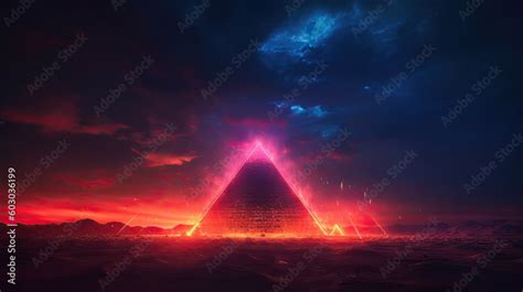 Futuristic Egyptian pyramid neon light in milky way night space galaxy ...